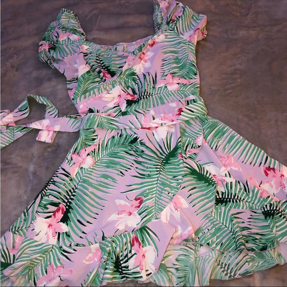 Revamped Urban Planet floral lavender purple/pink mini dress with green leafs